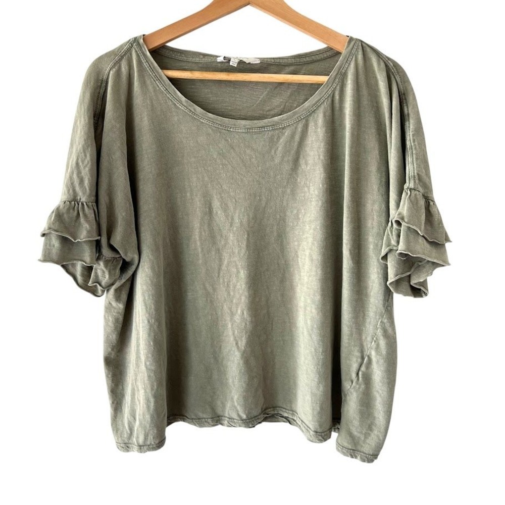 Lucky Brand Womens L Olive Green Lyocell Flutter Sleeve Relaxed Boho Top Blouse